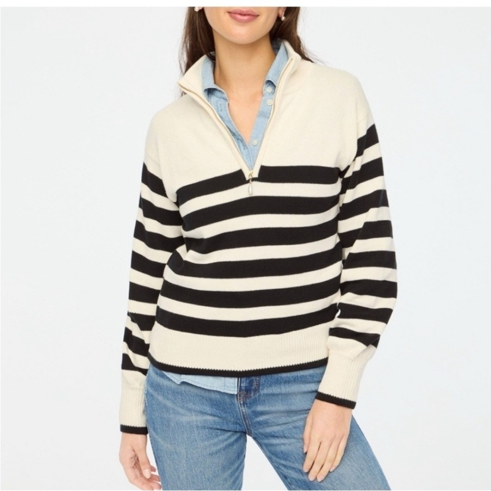 J. Crew Factory White Black Striped half-zip sweater pearl zipper size small